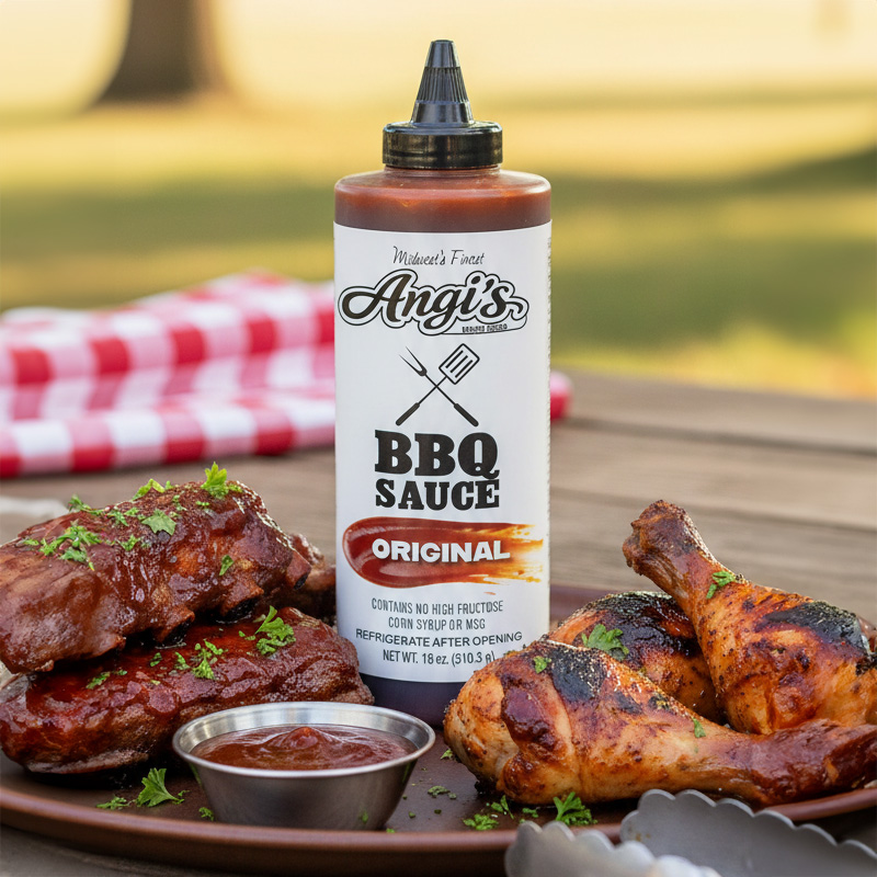 Angi's BBQ Sauce on Table with BBQ