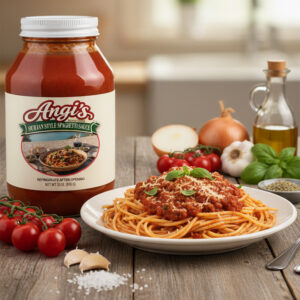 Angi's Sicilian Style Spaghetti Sauce on a table with spaghetti