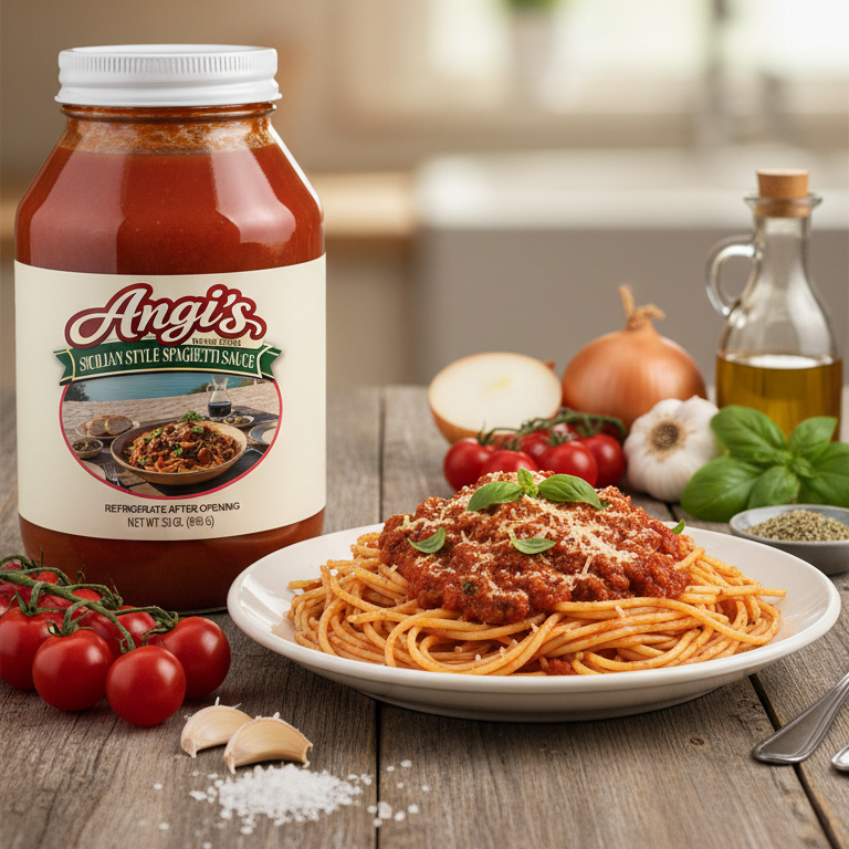 Angi's Sicilian Style Spaghetti Sauce on a table with spaghetti