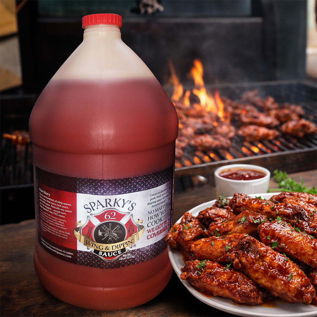 Sparky's Sauce Gallon next to plate of wings