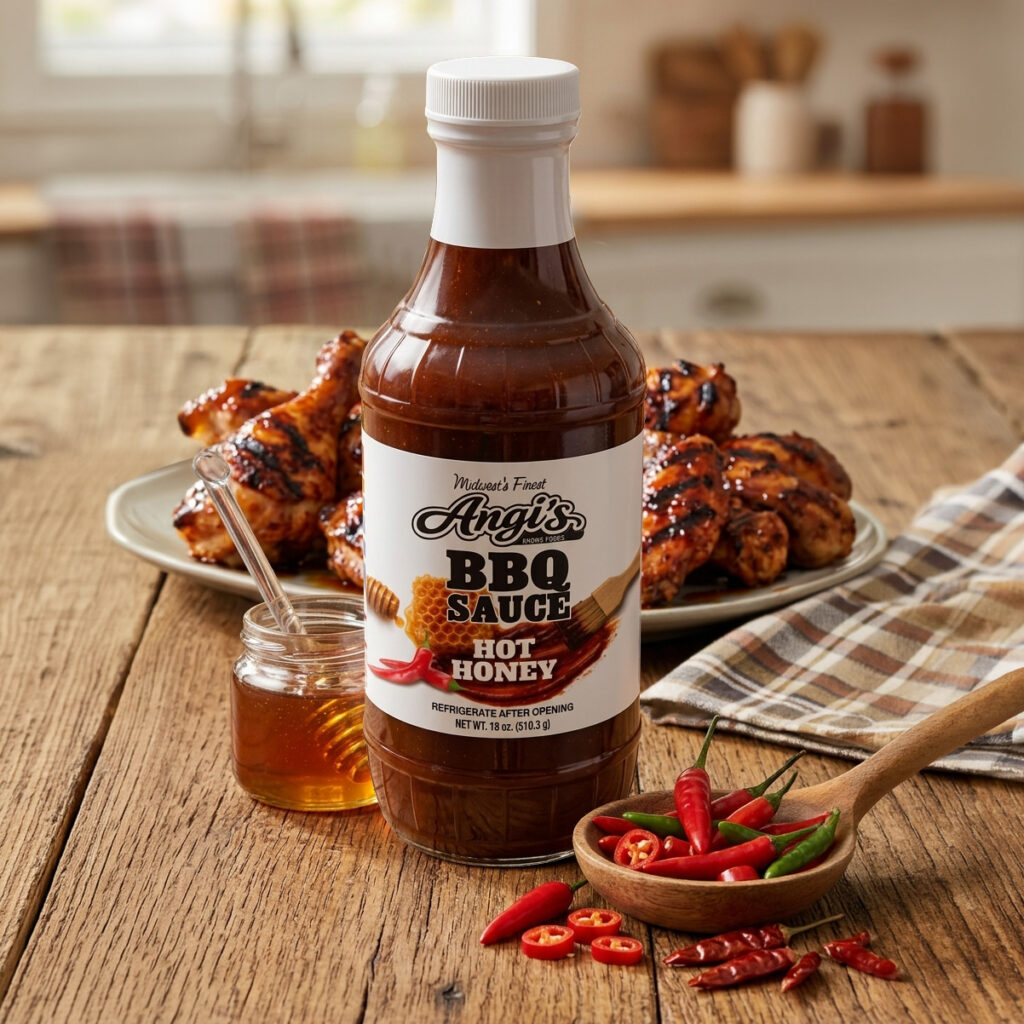Angi's BBQ Sauce on Table with BBQ